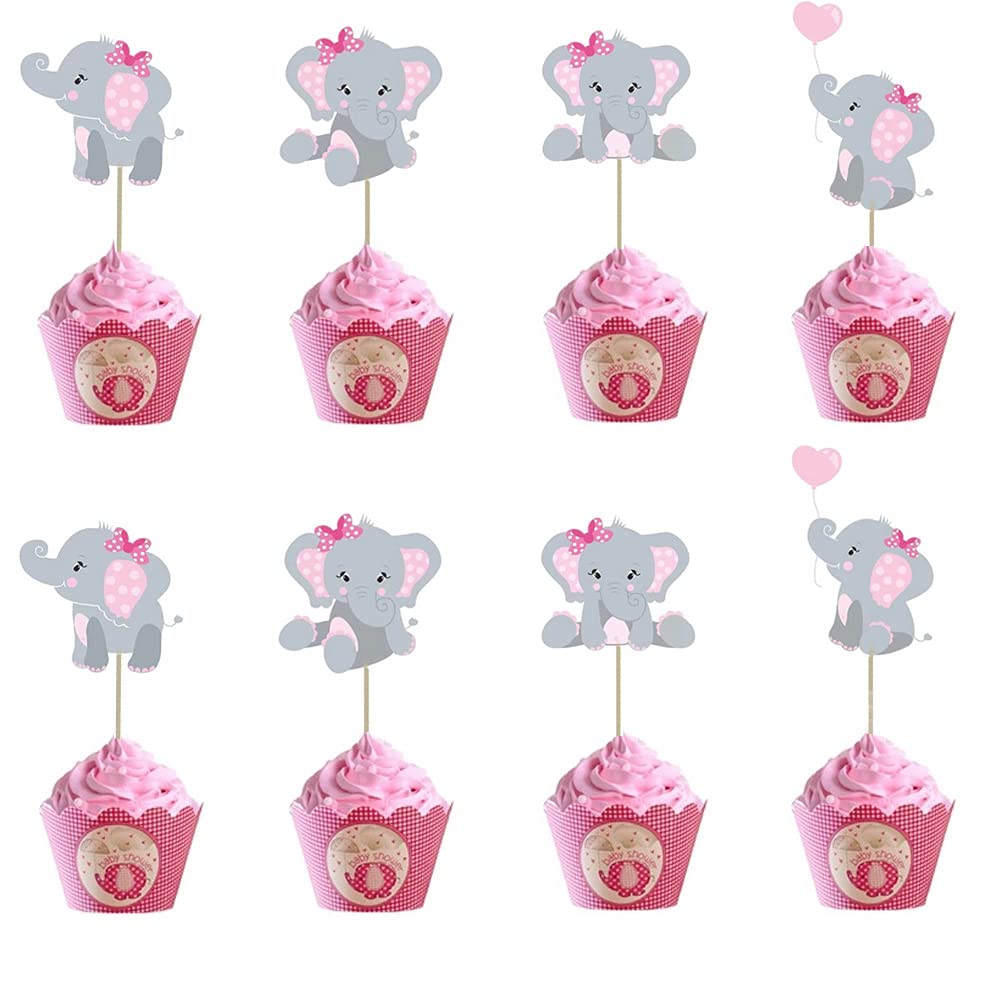 48Pcs Pink Elephant Cupcake Toppers, Double Sided It Is A Girl Elephant Cupcake Picks, Elephant Cake Cupcake Decorations For Ele