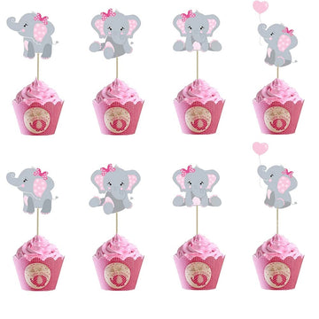 48Pcs Pink Elephant Cupcake Toppers, Double Sided It Is A Girl Elephant Cupcake Picks, Elephant Cake Cupcake Decorations For Ele
