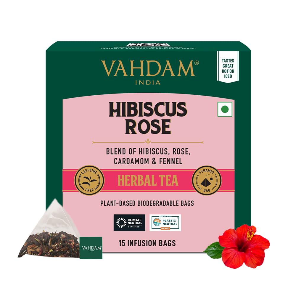Vahdam, Hibiscus Flowers Herbal Tea Bags (15 Count) Caffeine Free, Non Gmo, Gluten Free Hibiscus Tea | Floral Flavor Tisane - Hibiscus Rose Petals & Exotic Spices | Resealable Ziplock Pouch