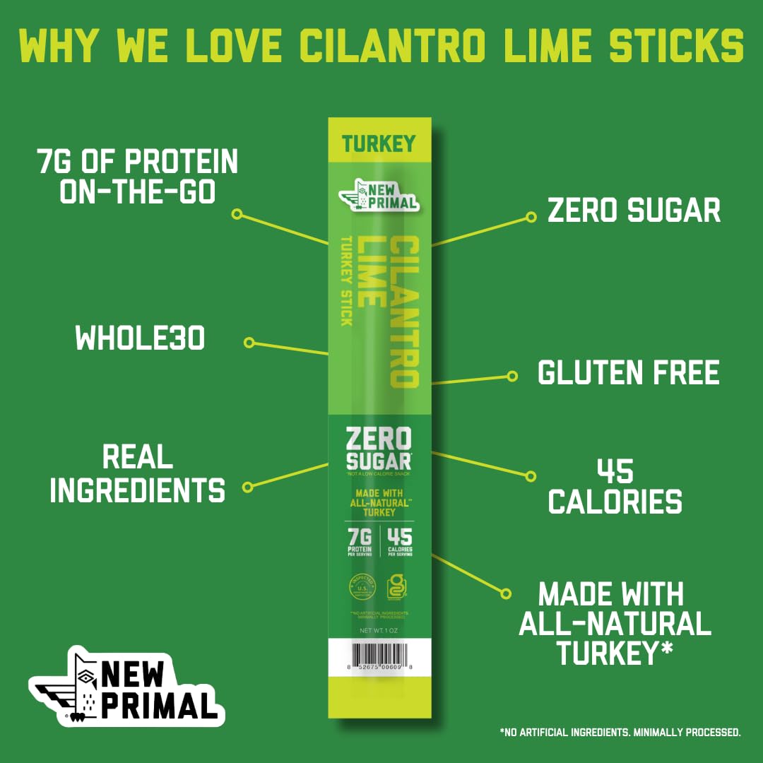 New Primal Cilantro Lime Turkey Sticks, Keto, Gluten Free Healthy Snacks for Adults, Sugar Free Low Carb High Protein, Paleo Who