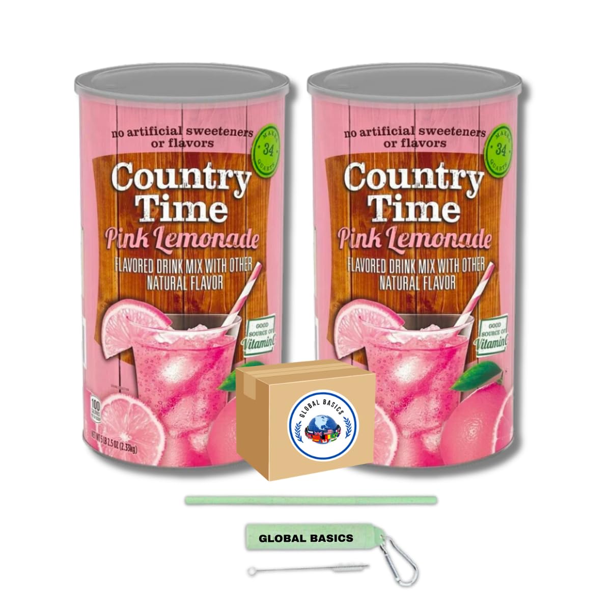 Global Basics 2 Pack of 82.5 oz Country Time Pink Lemonade Mix | 165 oz TOTAL | Includes A Global Basics Reusable Straw Set!