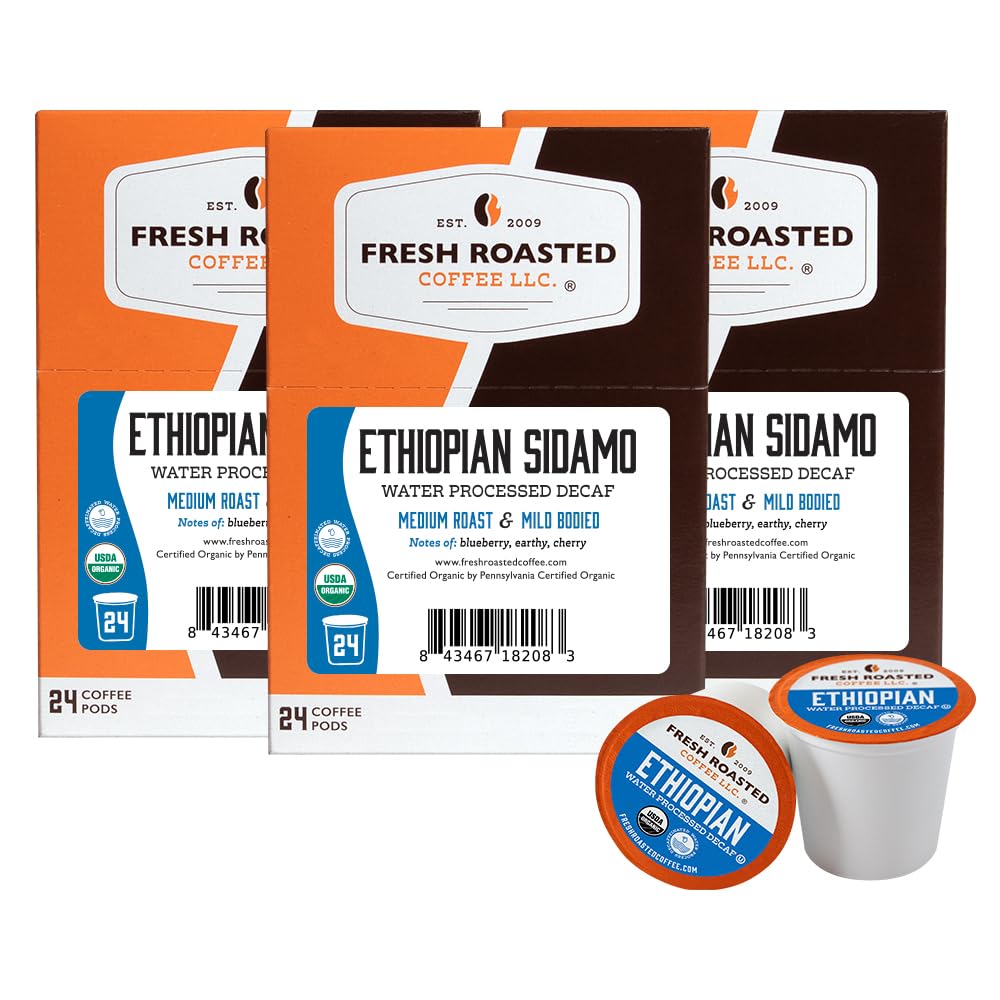 Fresh Roasted Coffee Organic Ethiopian Sidamo Decaf K-Cup Compatible 72 Pods