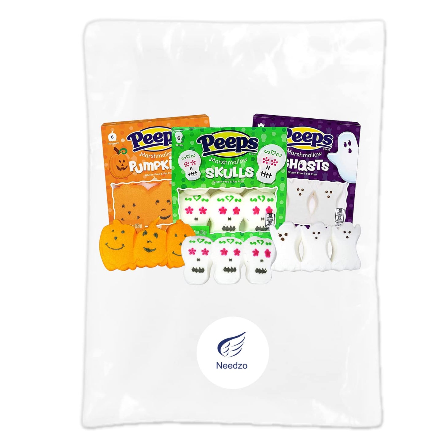 Needzo Peeps Candy Halloween Ghost, Skulls And Pumpkins Fun Shaped Marshmallows, Marshmallow Birthday Party Favor Gift Candies For Peep Lovers (Pack Of 3)