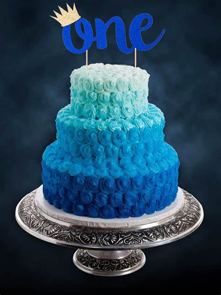 Double Sided Glitter Cake Topper For 1St Birthday Boy With Crown, Royal Blue One Cake Topper For Boys First Birthday Cake Party