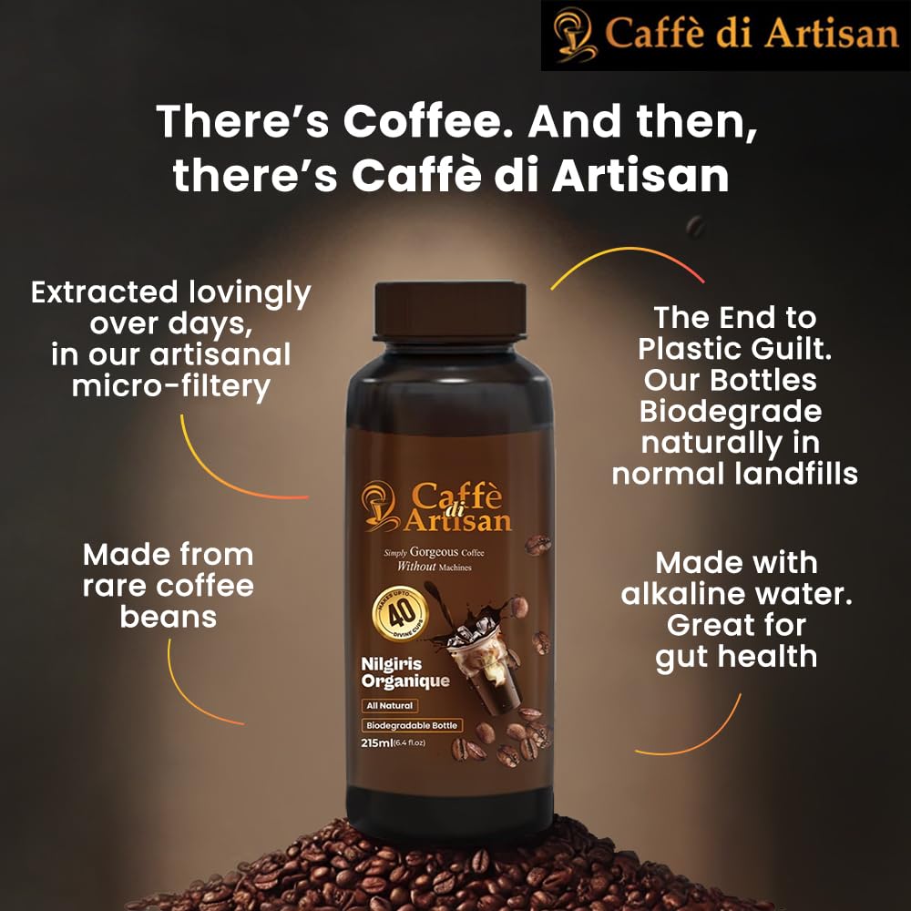 Caffe Di Artisan Liquid Coffee Bottle - Premium Cold Brew Concentrate, Iced & Hot Coffee - Eco-Friendly. Rich; Nilgiris Organiqu