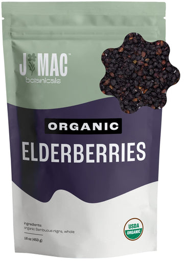 J MAC BOTANICALS Organic Dried Elderberries - 1lb Bulk, Non-Irradiated, Non-GMO, Raw Vegan, Whole Black Sambucus