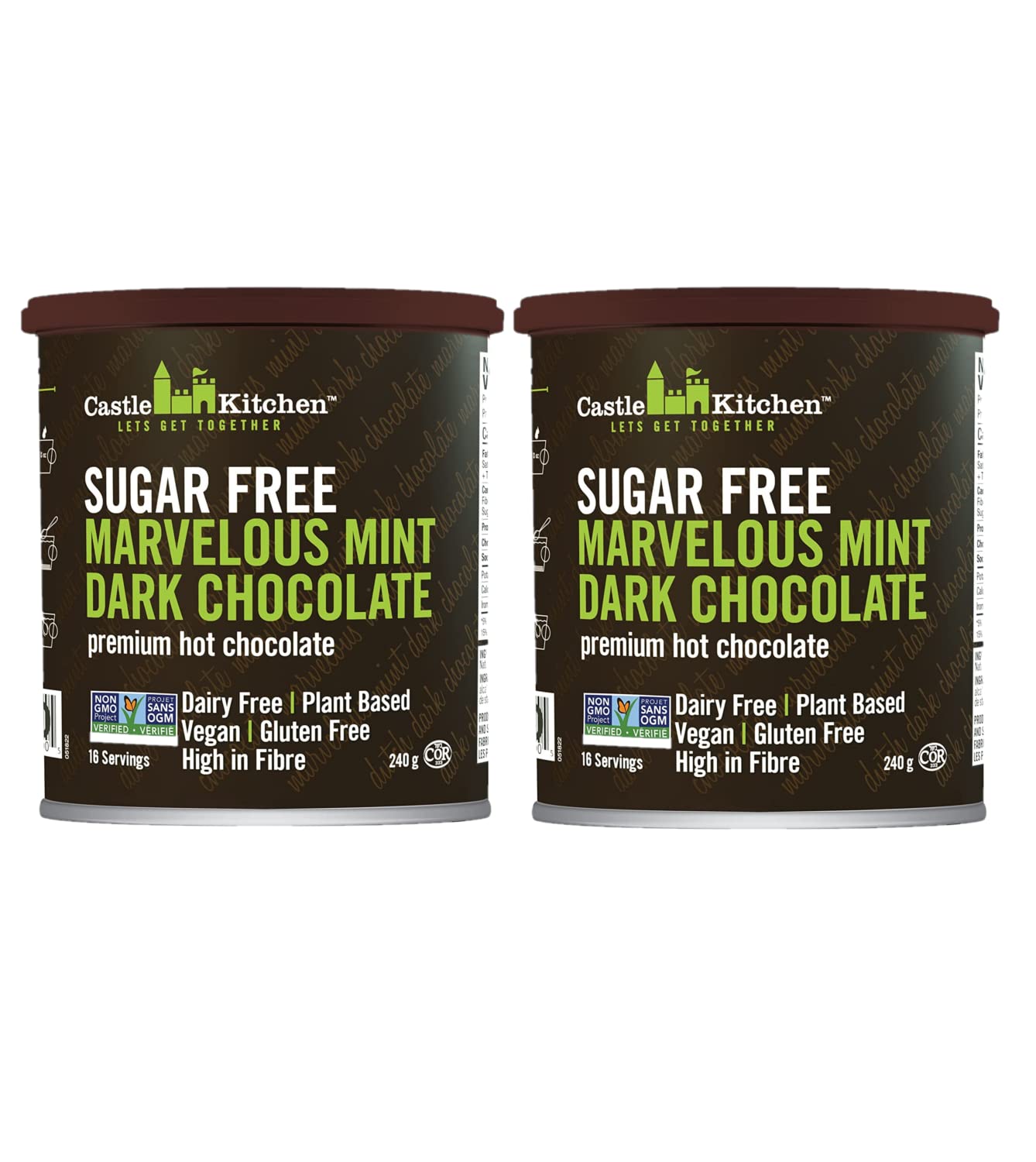 Castle Kitchen Sugar Free Mint Dark Hot Chocolate (2 Pack) Top-Grade Plant Based  Dairy Free  Gluten-Free  Vegan Hot Coca Mix - Just Add Water - 14 Oz Can
