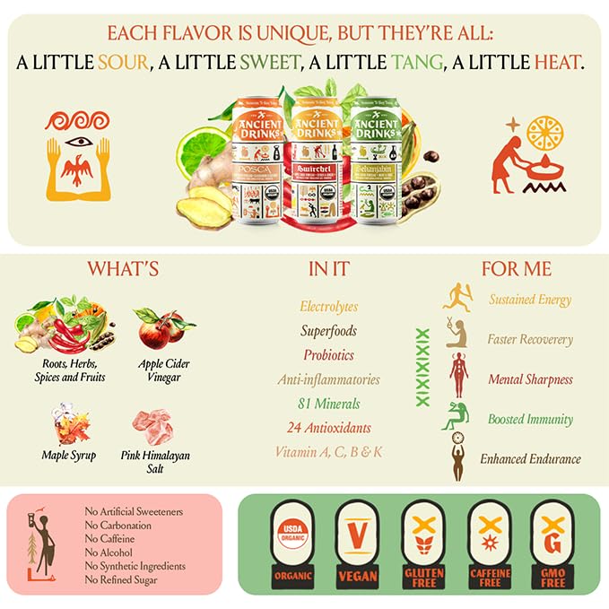 ANCIENT DRINKS Apple Cider Vinegar Sports Drink - Electrolytes, Vitamins & Probiotics - Mixed Pack (16 fl oz, 12 cans)
