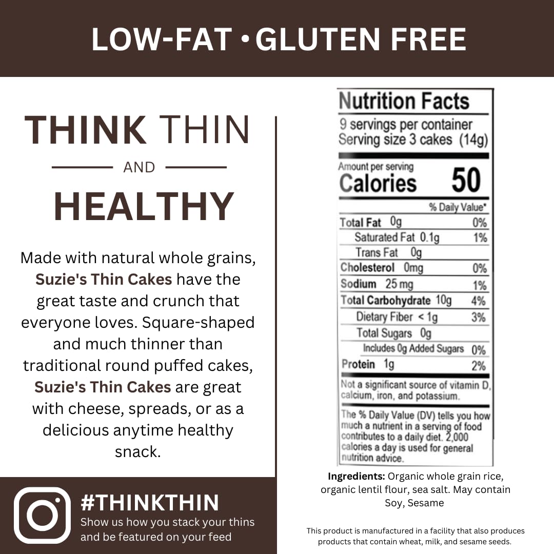 Suzie'S Organic Lentil & Brown Rice Cake Thins|6 Pack|Usda Organic, Non-Gmo, Fat-Free, Sugar-Free, Gluten-Free|Low-Calorie Snack