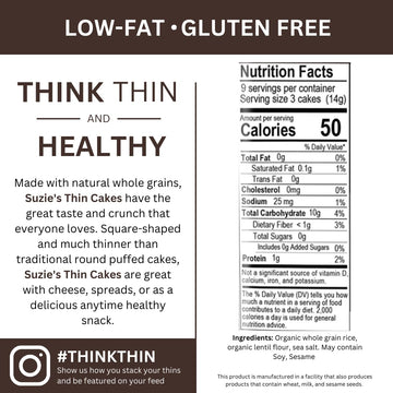 Suzie'S Organic Lentil & Brown Rice Cake Thins|6 Pack|Usda Organic, Non-Gmo, Fat-Free, Sugar-Free, Gluten-Free|Low-Calorie Snack