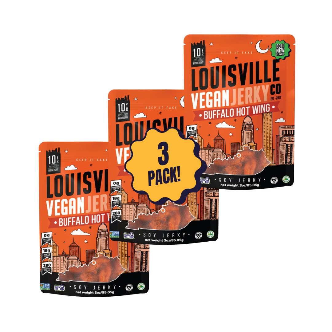 Louisville Vegan Jerky Buffalo Hot Wing - Gluten-Free High Protein Vegan Snacks - 3 oz, 3 Pack