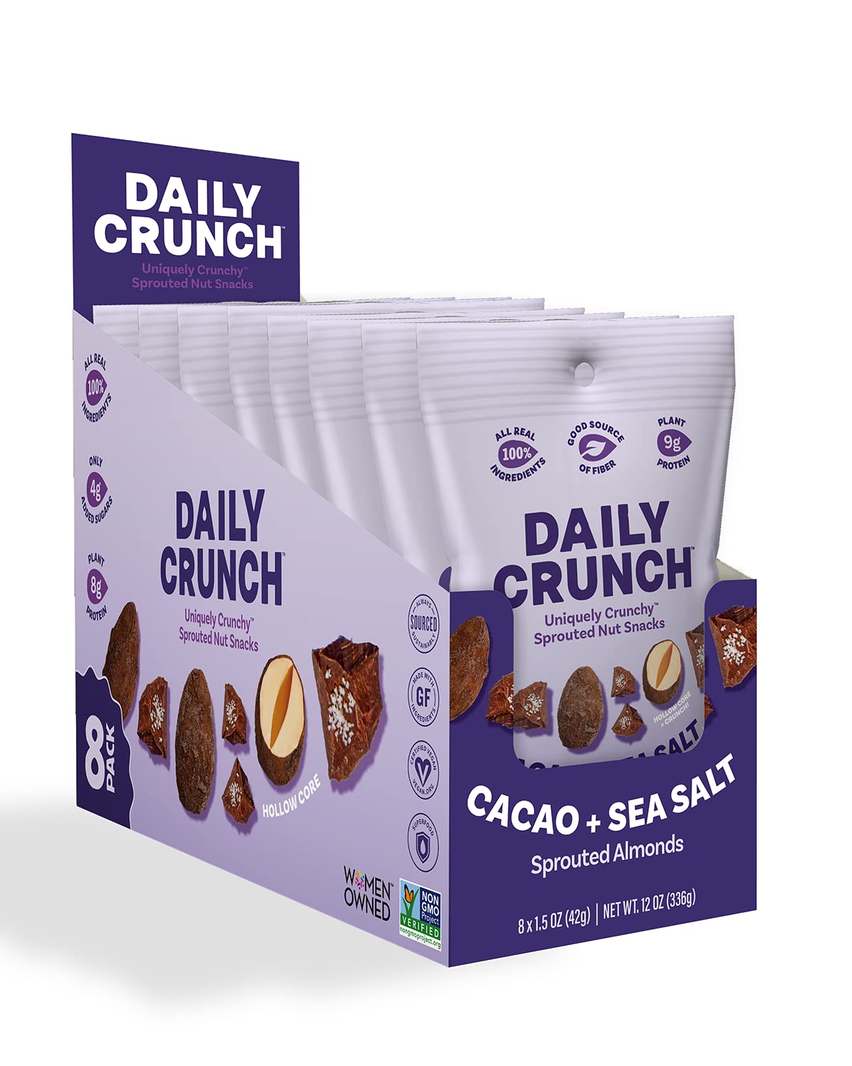 Daily Crunch, Cacao and Sea Salt Sprouted Almond, Minis (1.5oz, Pack of 8)- Sprouted and Dehydrated for a Unique Crunch, Keto Fr