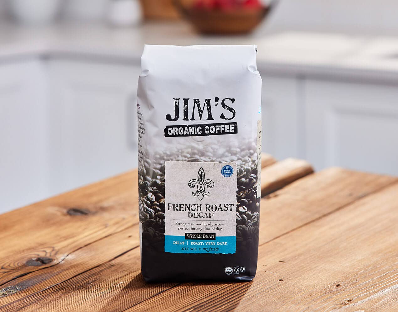 Jims Organic Coffee French Roast Decaf Whole Bean Dark Roast 11oz 100% Arabica USDA Organic Kosher Swiss Water Process