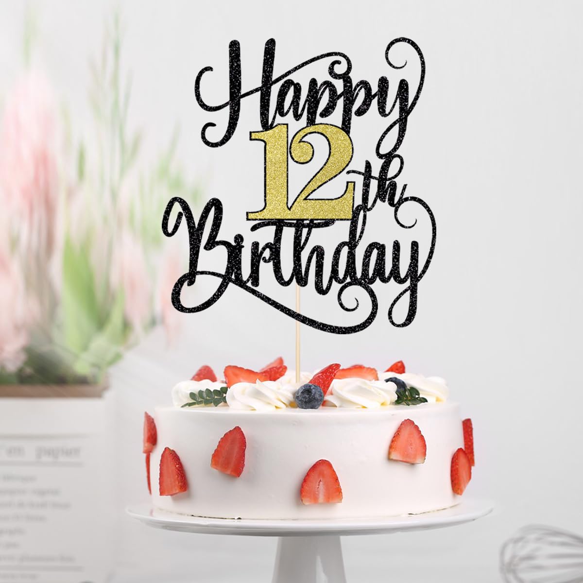 Happy 12Th Birthday Cake Topper, 12 Birthday Party Cake Decorations (Black And Gold Flashes, 12Th)