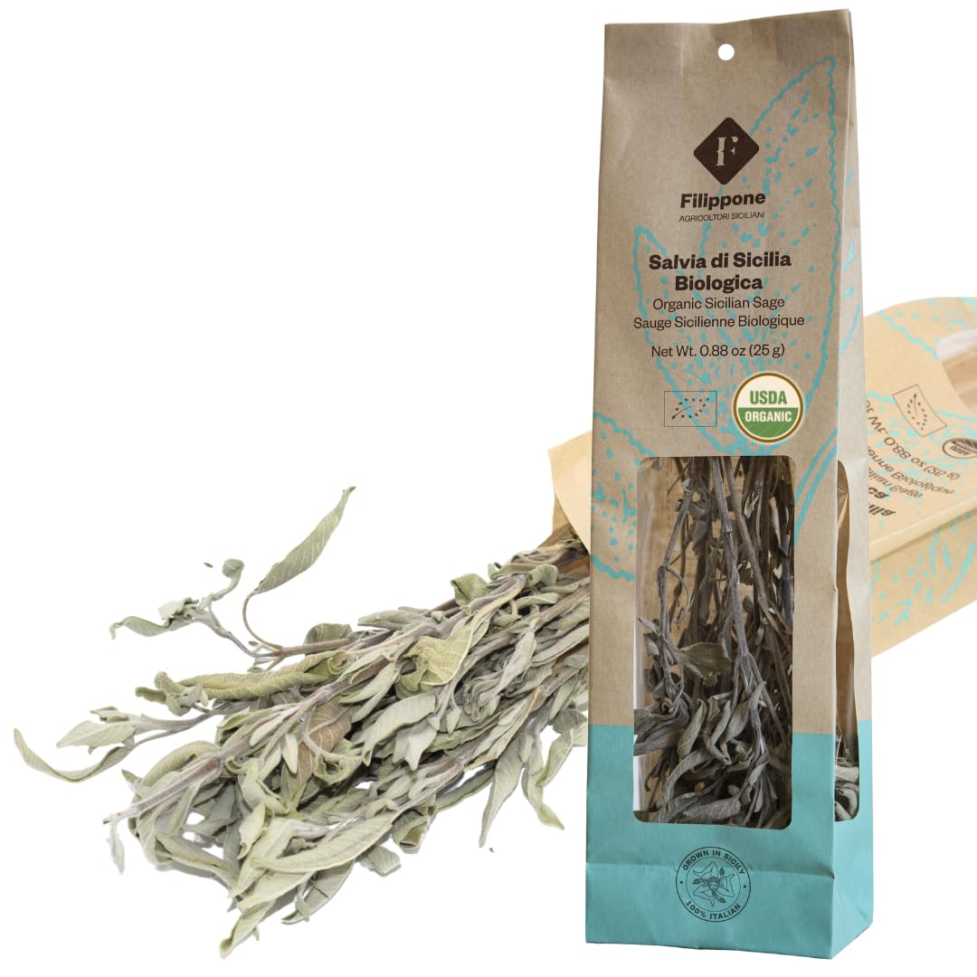 FILIPPONE Organic Dried Sage, 25 g (0.88 oz), USDA Certified Organic, Fragrant Italian Salvia for Relaxation and Aromatherapy