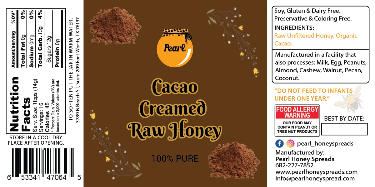 Pearl Honey Spreads - Organic Cacao Chocolate Flavored Creamed Raw Honey - Chemical Free, Soy Free & 100% Natural Raw Honey | 8.