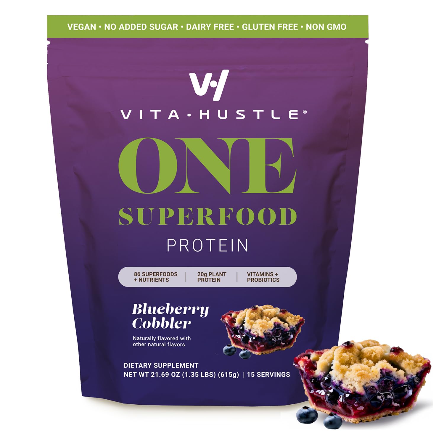 VitaHustle All-in-One Nutrition Shake  Blueberry Cobbler - Plant Based Protein Powder by Kevin Hart - Vegan Meal Replacement Shake with KSM66 Ashwagandha & 86+ Superfoods - Organic Meal Replacement Powder
