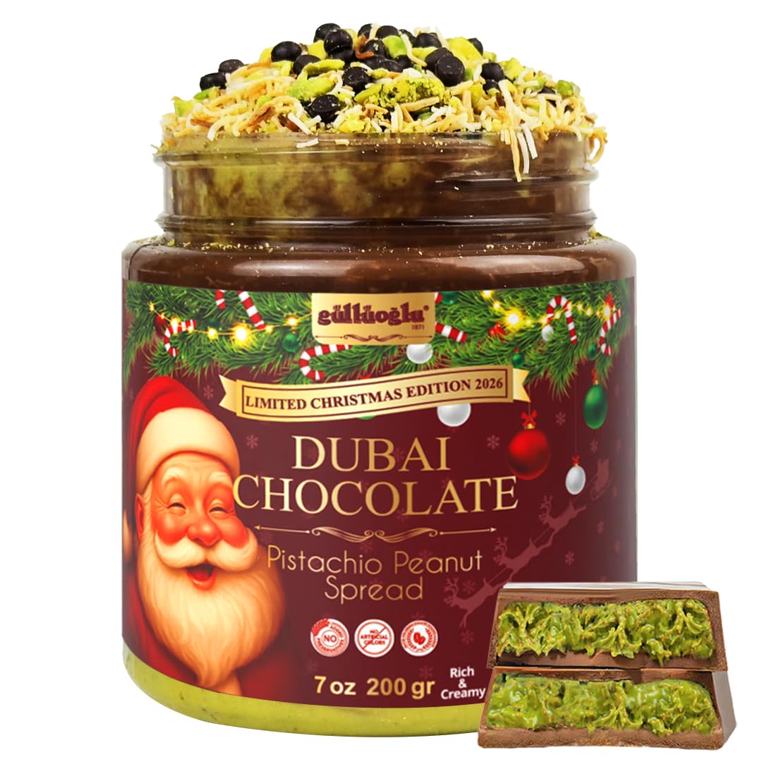 Gulluoglu Christmas Edition - Dubai Chocolate Pistachio Peanut Spread In Festive Holiday Jar | Limited Seasonal Gourmet Halal Dessert - 7 Oz (200G)