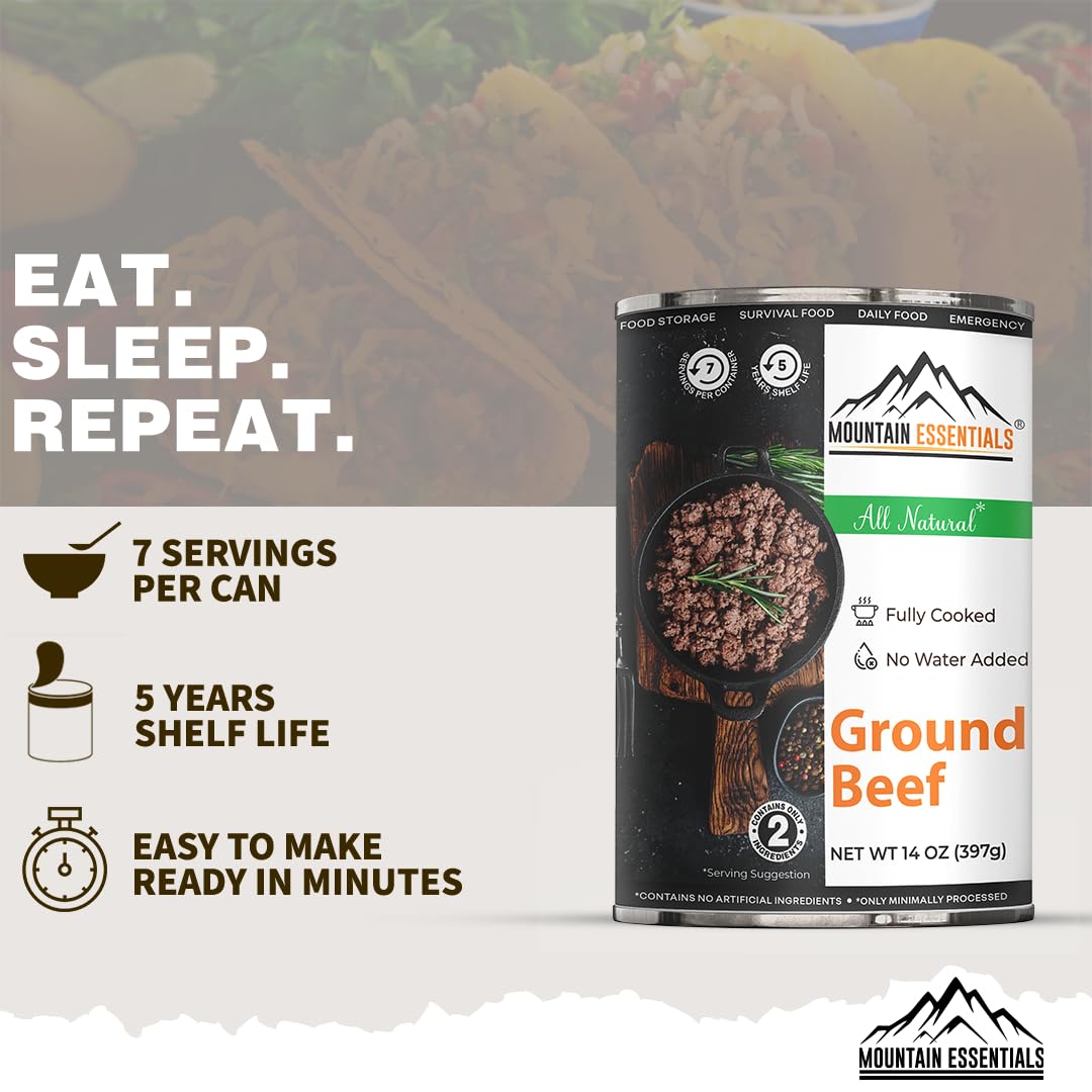 MOUNTAIN ESSENTIALS Ground Beef Canned Meat, Fully Cooked, Pack of 24, 14 Oz Each, 5 Years Shelf Life, Made in USA