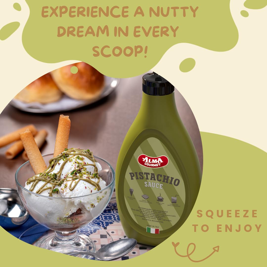 Alma Gourmet Sicilian Pistachio Topping Sauce - 17.6oz (500g) - Ideal for Ice Cream, Waffles, Pancakes, and Desserts