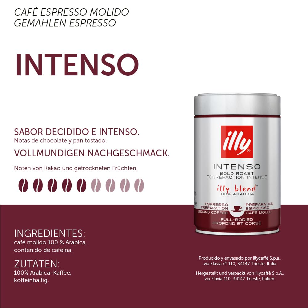 Illy Intenso Ground Espresso Coffee, Bold Roast, Intense, Robust And Full Flavored With Notes Of Deep Cocoa, 100% Arabica Coffee