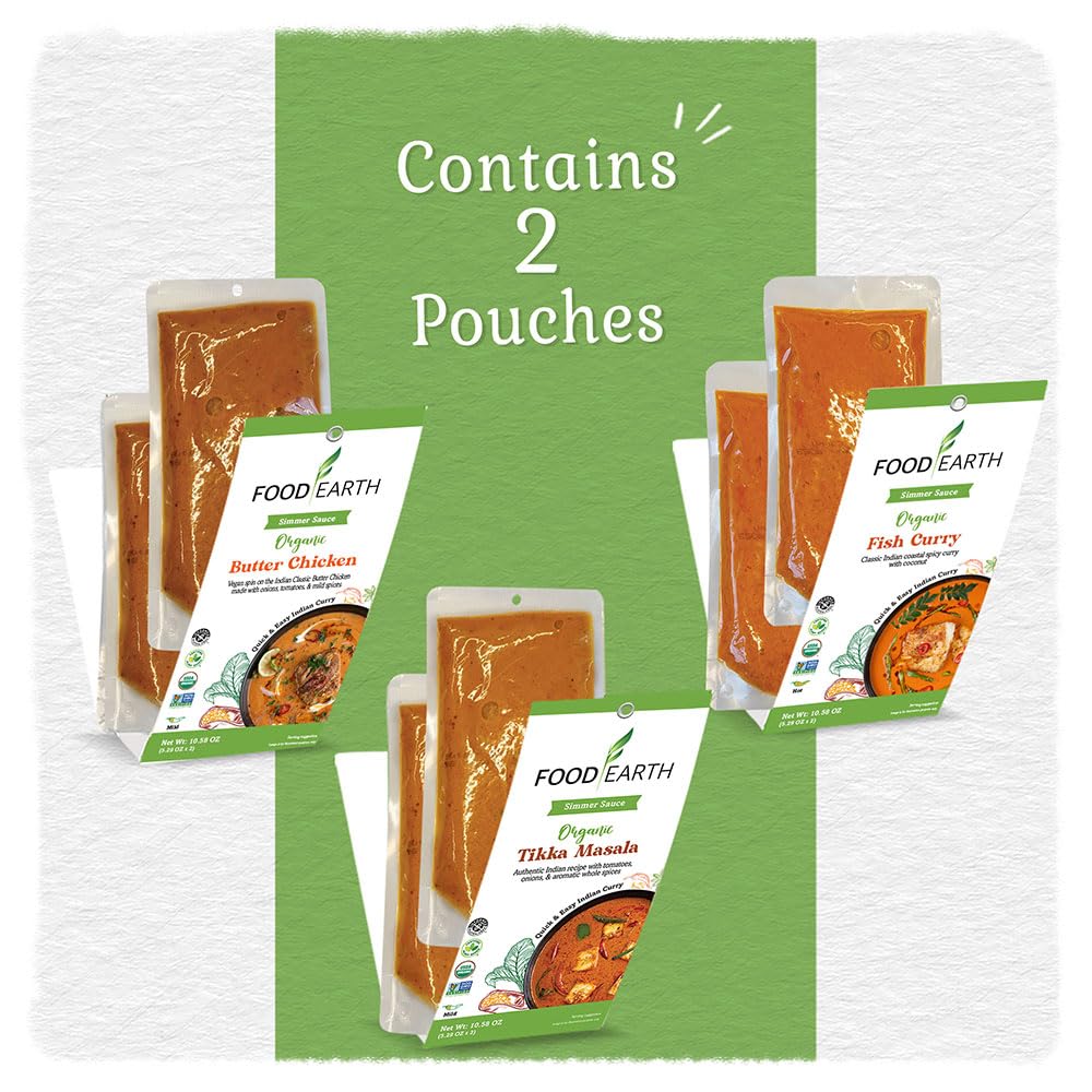 'Food Earth Indian Simmer Sauces - Variety Pack Of 6 (Fish Curry, Butter Chicken, Tikka Masala) | Organic, Vegan, Gluten-Free, R