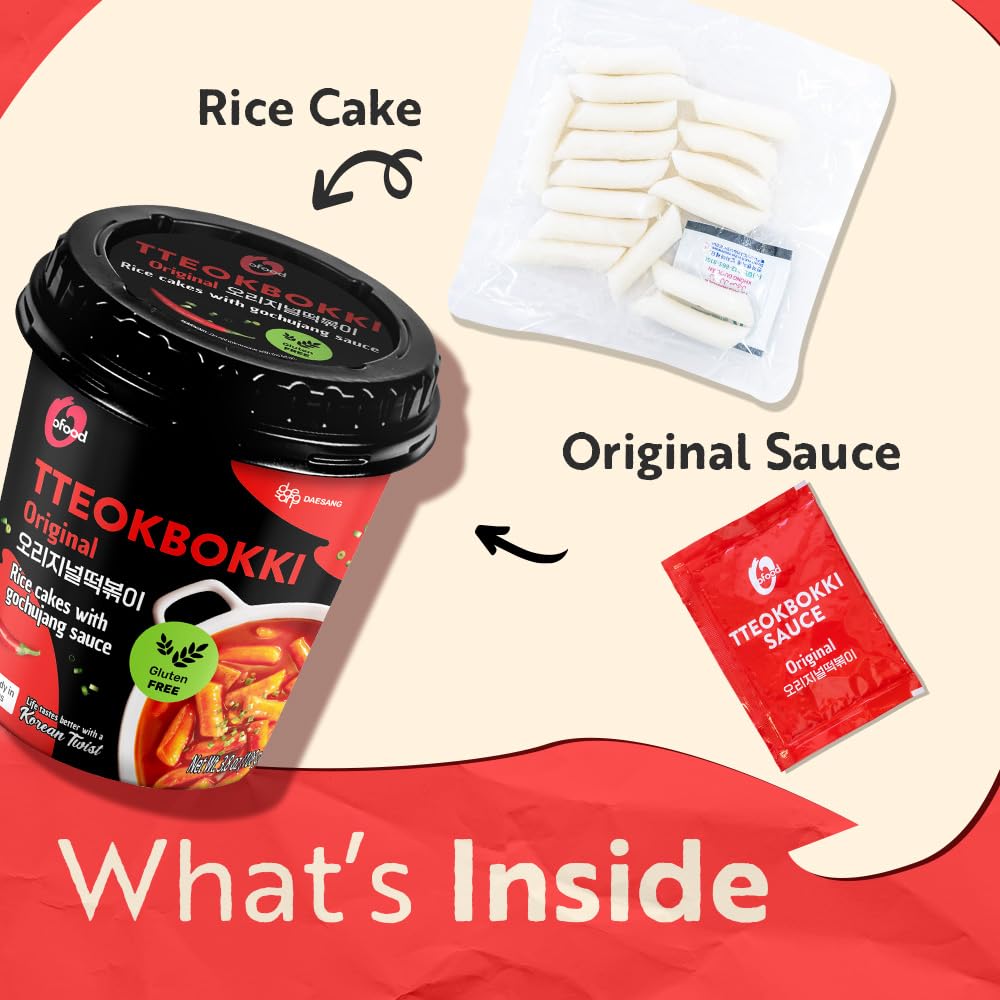 O'Food Original Cup Tteokbokki Pack Of 6, Authentic Spicy Korean Street Food, Gluten-Free Korean Rice Cakes, Microwaveable & Ins