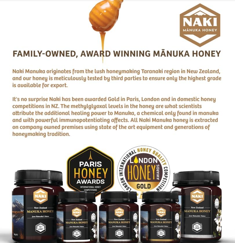 Naki Manuka Honey Harvested, Tested. Traceable. Certified 100% New Zealand Honey - International Gold Award Winner (Umf 12+ Mgo