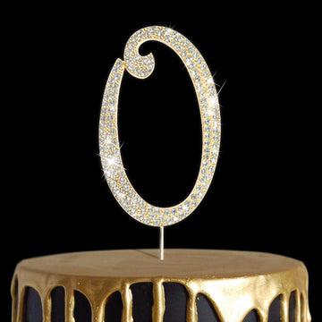 Number Cake Topper 0 , Uniideco Gold Rhinestone Premium Metal Bling Bling Keepsake, Sparkly Happy Birthday Wedding Anniversary P