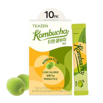 Teazen Korean Plum Kombucha Tea, Electrolyte Powder & Hydration Drink Mix, Sugar Free, Live Probiotics & Prebiotics, 10 Sticks,