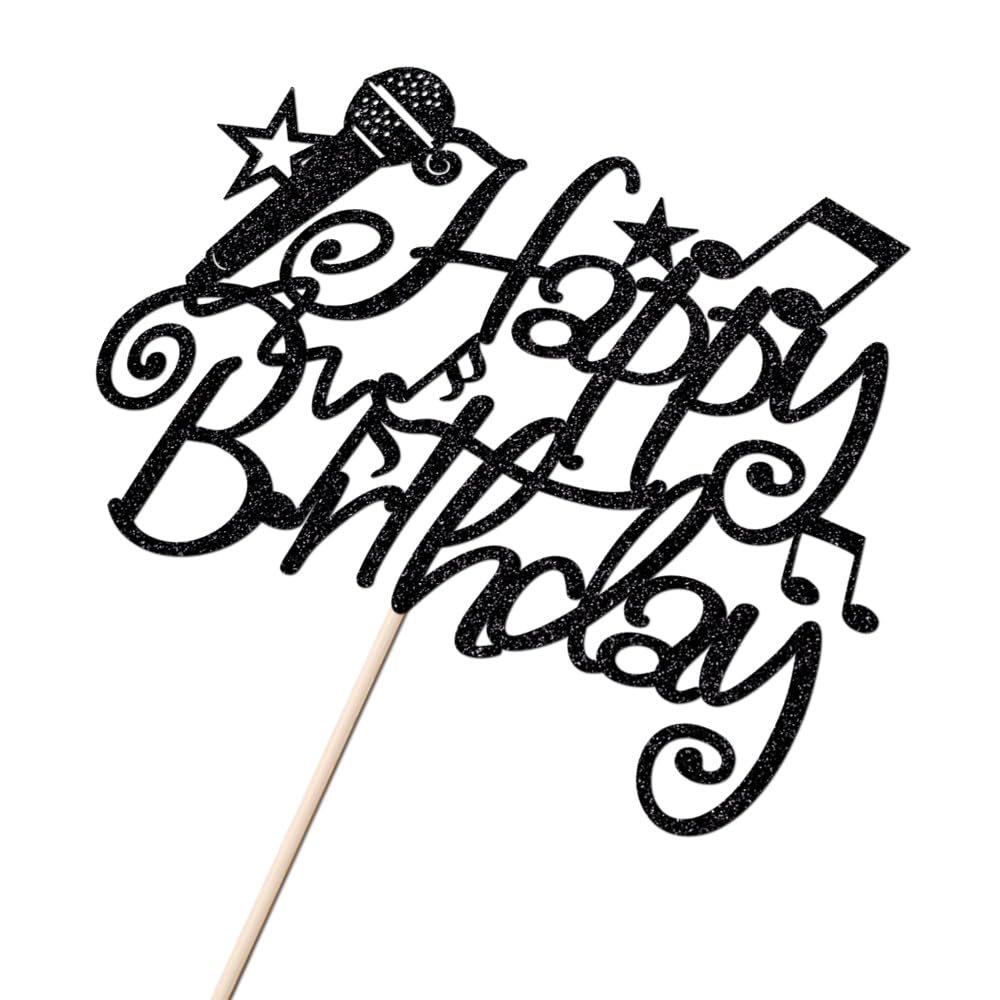 Naicaek Black Glitter Microphone Happy Birthday Cake Topper,Music Lover Birthday Decorations,Karaoke Musical Theme Birthday Part