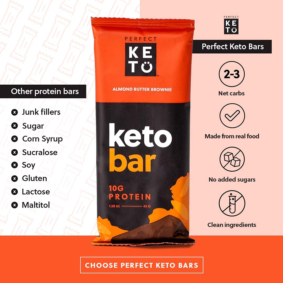 Perfect Keto Bars - The Cleanest Keto Snacks With Collagen And Mct. No Added Sugar, Keto Diet Friendly - 3G Net Carbs, 19G Fat, 10G Protein - Diet Food Dessert (Almond Butter Brownie, 12 Bars)