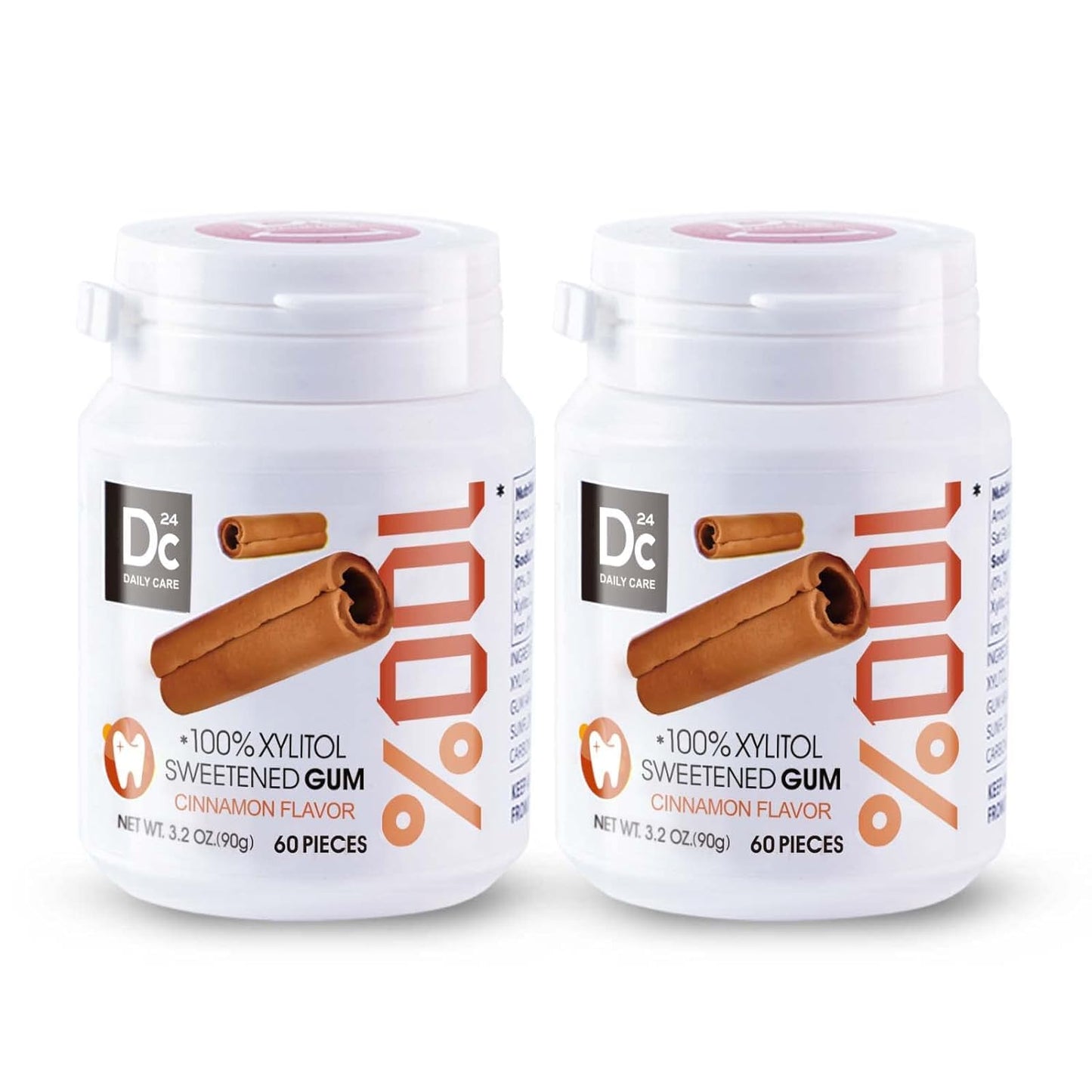 DC24 DAILY CARE 100% Xylitol Gum, No Aspartame, Sugar Free Chewing Gum, Natural Cinnamon Flavor, Gluten Free, Vegan, 60 Pieces, 