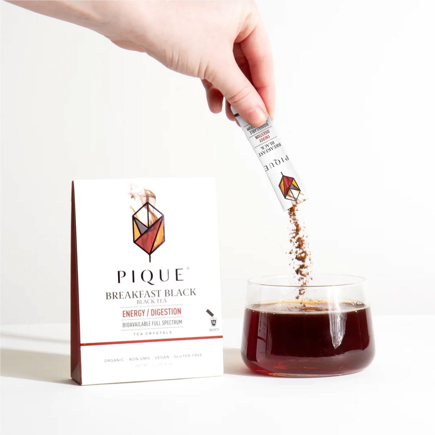 PIQUE Organic English Breakfast Tea Crystals - Caffeinated Black Tea, 14 Single Serve Sticks for Energy & Digestive Support