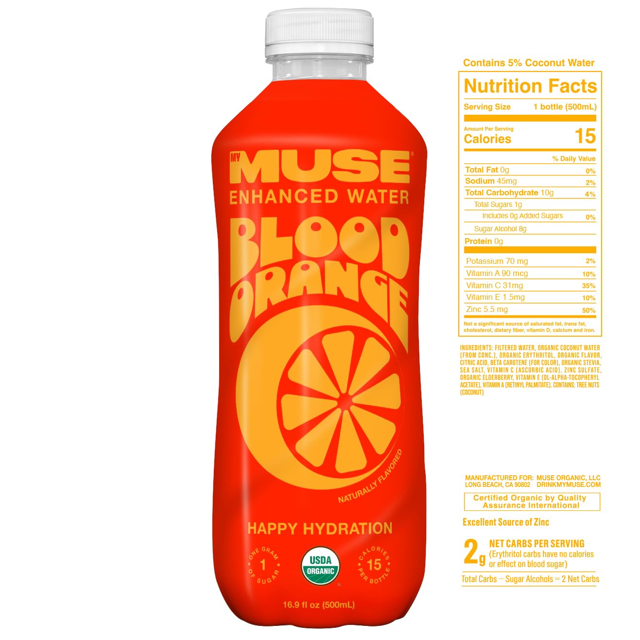Mymuse Organic Enhanced Flavored Water, Blood Orange, 16.9 Fl Oz Bottle (12 Pack), 1G Of Sugar, Immune Support With Zinc & Elder