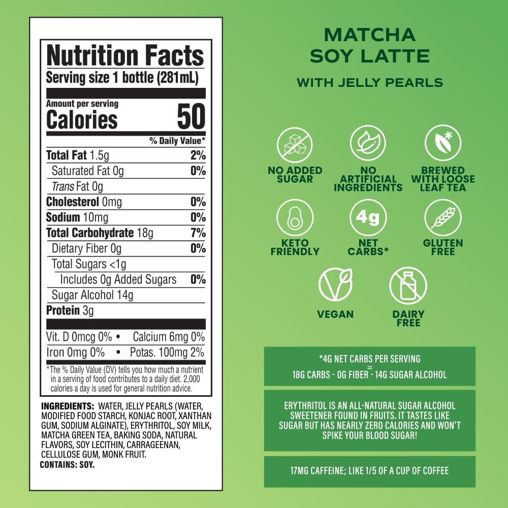 Bubluv Low Sugar Bubble Tea - Matcha Soy Latte With Low-Carb Jelly Pearls - Ready-To-Drink Boba Milk Tea In A Glass Bottle, Low