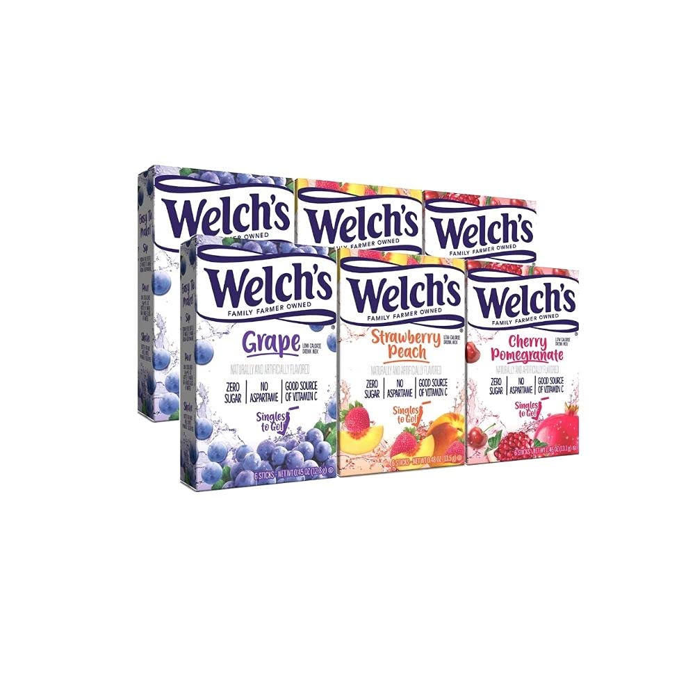 SINGLES TO GO! Welchs Variety Pack - Strawberry Peach, Cherry Pomegranate & Grape, 0.46 Ounce (Pack of 6)