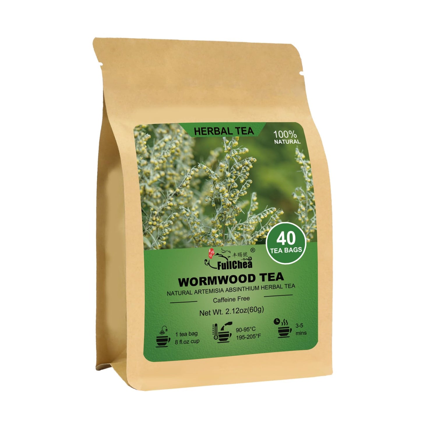 FullChea Wormwood Tea Bags - Bitter Herbal Tea - Non-GMO, Caffeine-Free - 40 Count