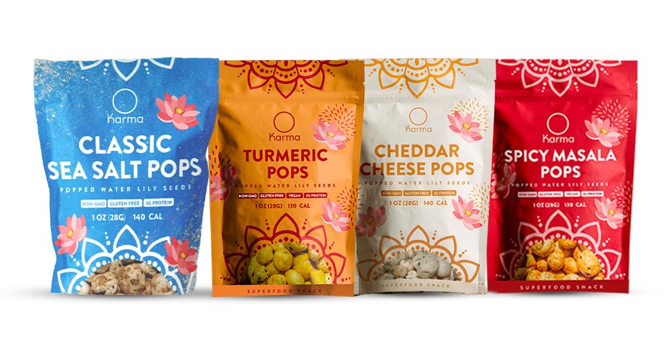 Karma Popped Water Lily Seeds - Savory Variety Pack | Spicy Masala, Turmeric, White Cheddar & Classic Sea Salt | Ayurvedic Super