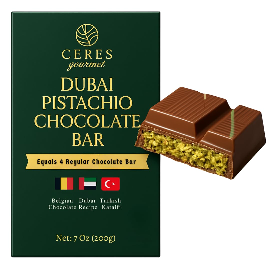 Ceres Gourmet Dubai Kunafa Pistachio Chocolate Bar – 7 oz Crispy Knafeh Layers with Pistachio Paste, Gourmet Dessert Gift