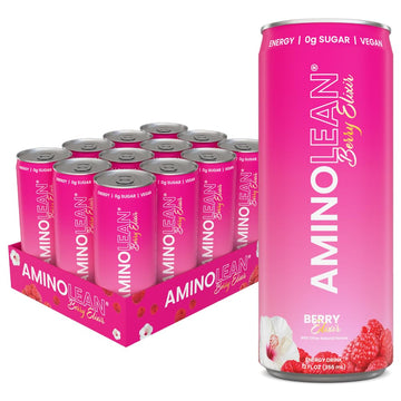 RSP NUTRITION AminoLean Energy Drink, Sugar Free, Vegan Amino Acids, Berry Elixir, 12 oz, 12 Pack