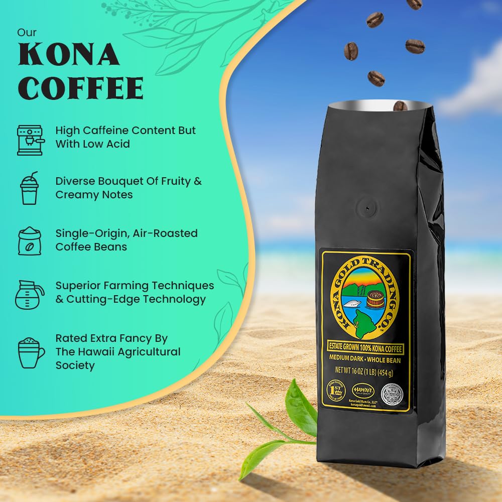 Kona Gold spirit-inspired flavor Co. Hawaiian Kona Coffee Whole Bean - Medium/Dark Roast Extra Fancy - 16 oz