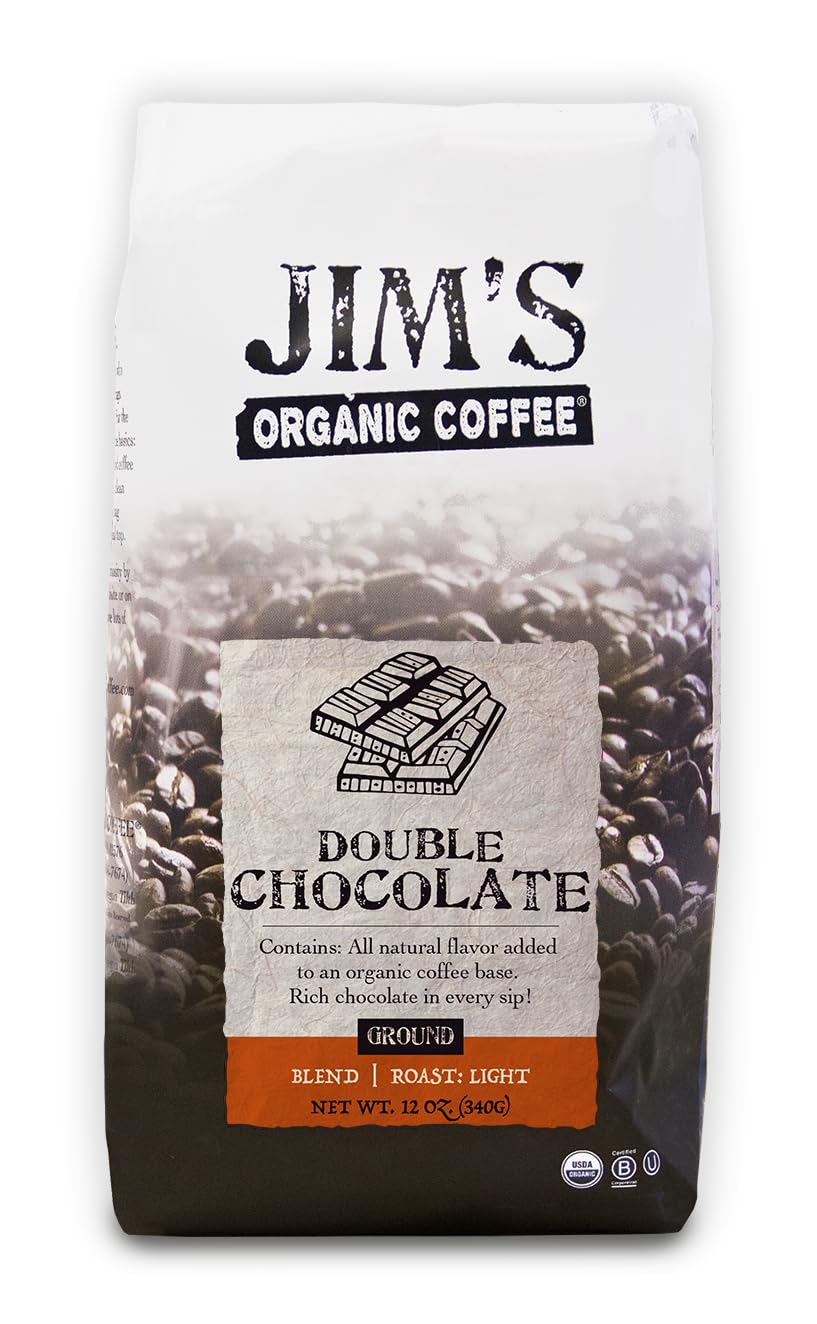 Jims Organic Coffee Double Chocolate Ground Light Roast 12oz - 100% Arabica, USDA Organic, Ethically Sourced
