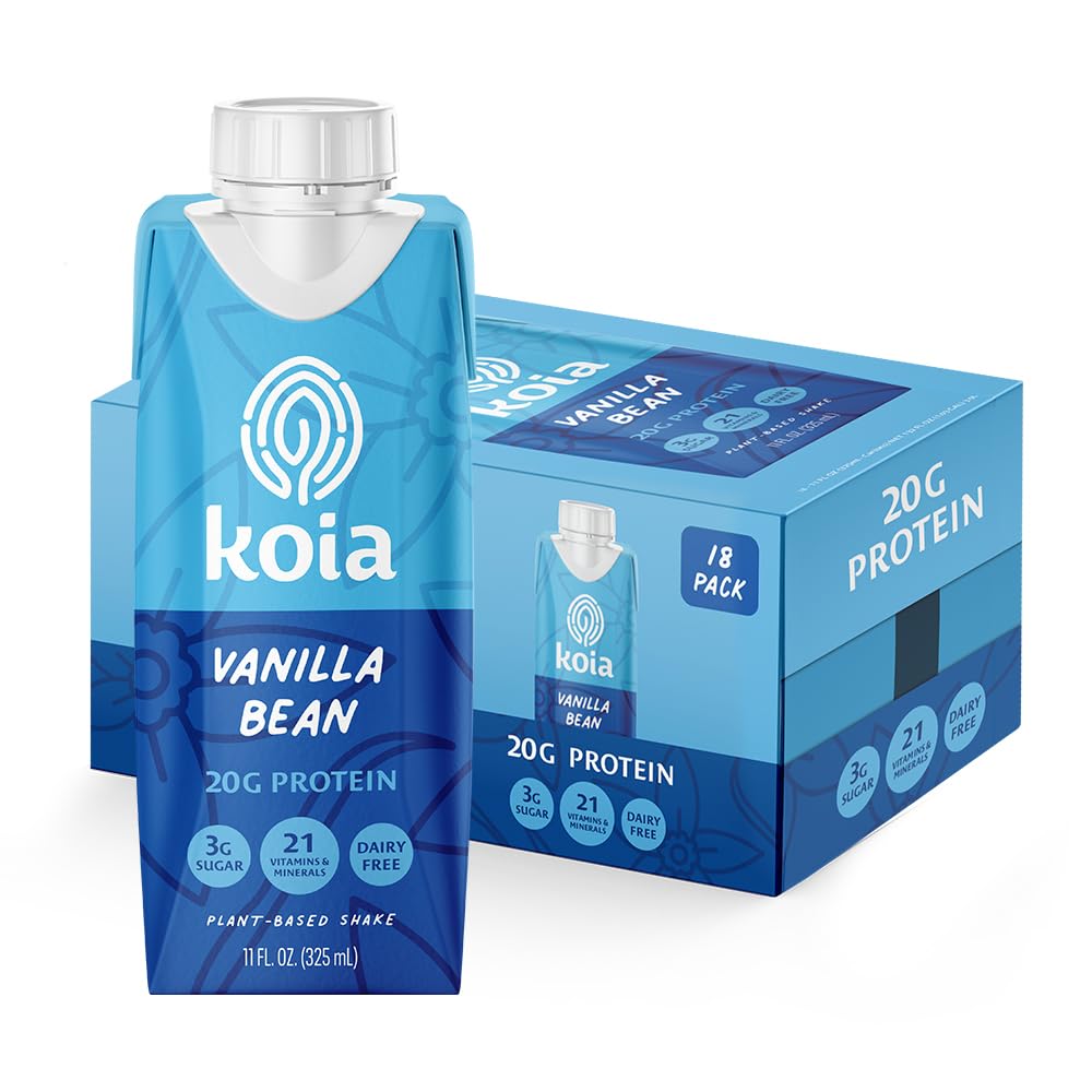 Koia Plant Based Protein Shake, Vanilla Bean, 20g Protein, 3g Sugar, 6g Prebiotic Fiber, 21 Vitamins & Minerals, Meal Replacemen