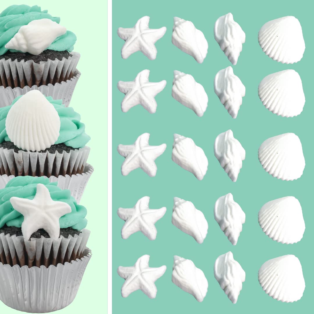 CakeSupplyShop 24pk Edible White Seashells & Starfish Sugar Decorations for Cakes, Cupcakes, & Cake Pops - 49 Piece Set