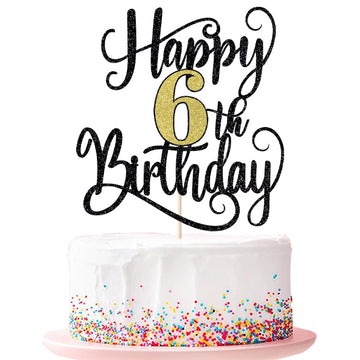 Happy 6Th Birthday Cake Topper, 6 Birthday Party Cake Decorations (Black And Gold Flashes, 6Th)