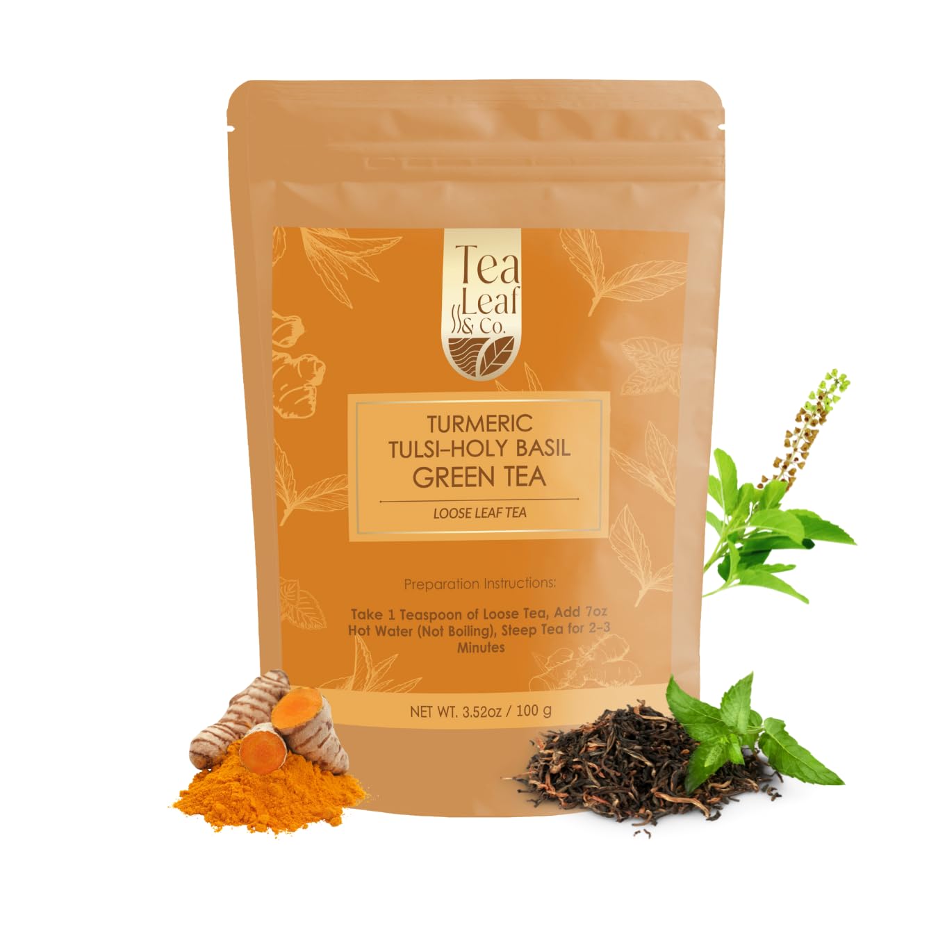 Tea Leaf & Co. Turmeric Tulsi Green Tea Loose Leaf - 50 Servings, Low Caffeine, Gluten Free (3.52oz/100gm)
