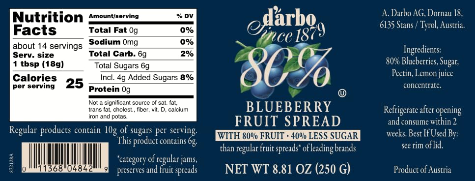 Darbo Blueberry Spread, 80% Fruit, All Natural, 40% Less Sugar - 8.81Oz