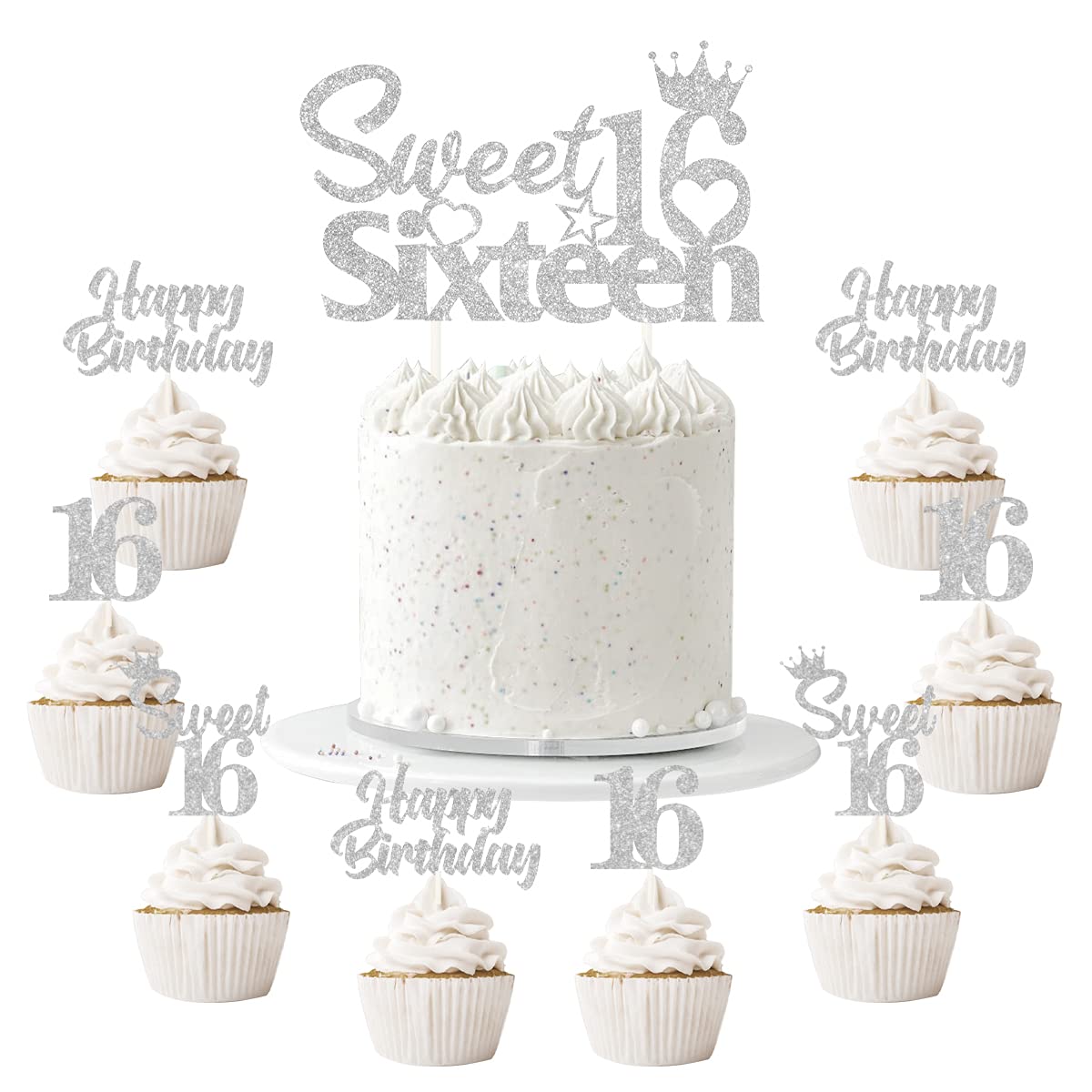 Joymemo 25 Pack Silver Cake Topper & Cupcake Toppers  Sweet 16 Birthday Decorations For Boys Girls  16Th Birthday Party Supplies