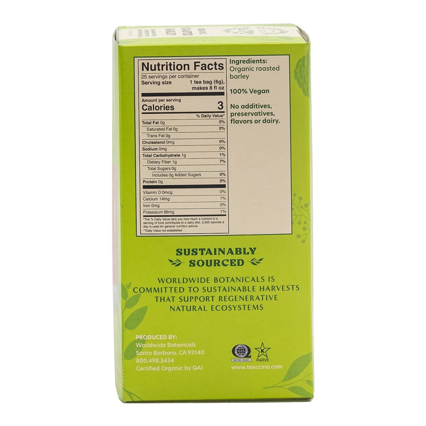 Worldwide Botanicals Organic Roasted Barley Tea, Caffeine-Free, 25 Tea Bags, 6g per Teabag, Kosher, AKA Mugicha, Boricha, Orzo
